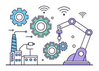 A vector graphic illustration of a robotic arm and gears in a factory setting with a modern design