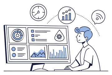 A man sitting at a desk in front of a computer monitor with various graphs and charts on the screen, surrounded by icons representing time, data, and connectivity.