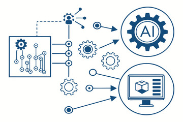 A vector graphic illustrating the concept of artificial intelligence and machine learning with gears and computer icons