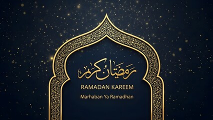 Elegant Ramadan greeting card featuring golden Islamic floral patterns, intricate mandala frames, and Arabic calligraphy "Ramadan Kareem" on a premium dark blue background with glittering sparkles.