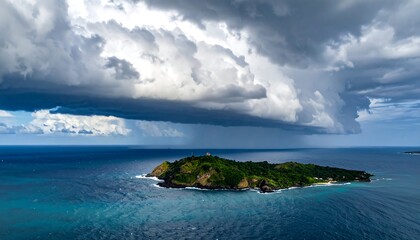 Naklejka premium Dramatic aerial shot of a small island under a stormy sky