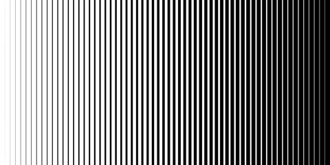 Obraz premium Halftone gradient pattern with vertical lines. Abstract black and white background with a smooth transition from thin to thick stripes. Vector illustration.