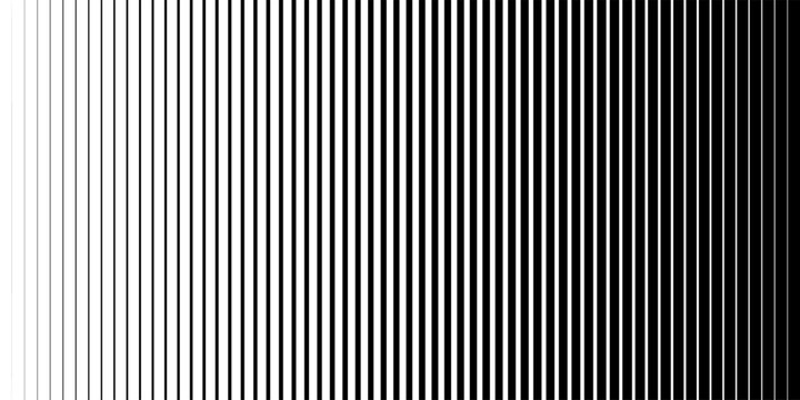 Halftone gradient pattern with vertical lines. Abstract black and white background with a smooth transition from thin to thick stripes. Vector illustration.