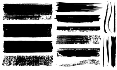 Brush paint vector set. Straight line brush strokes. Black hand drawn stripes, smears. Chinese or Japanese calligraphy. Rough grunge thik line paint texture. Sketch text boxes collection. Stock-Vector