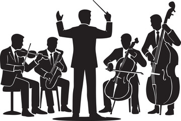 Corporate orchestra silhouette with multiple musicians in formal suits, teamwork and leadership theme.