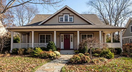 Charming house with red door and wraparound porch in autumn