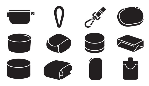 Collection of various black and white icons for bags and pouches on white background
