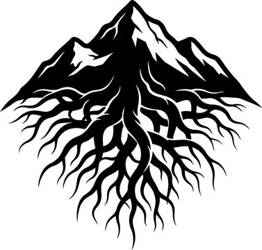 Tree roots growing from a mountain silhouette vector illustration