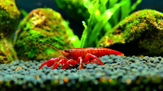 Vibrant red dwarf crayfish crawls across dark substrate in a lush planted freshwater aquarium environment with bright green mossy rocks