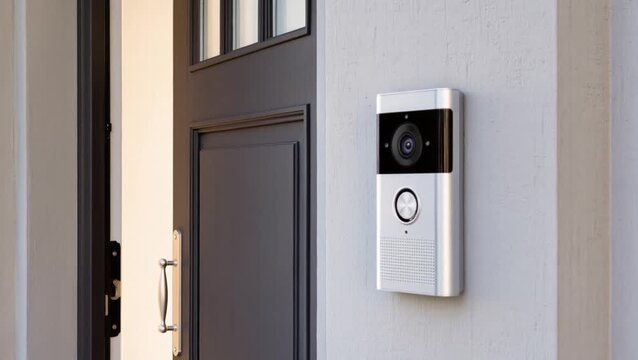 Modern wireless silver video doorbell camera installed at house front entrance