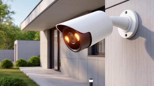 Professional outdoor security camera surveillance system on contemporary home facade
