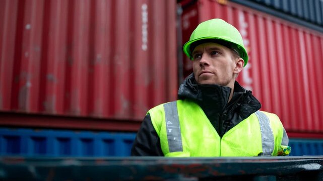 A worker in a green hard hat and vest watches over the shipping yard as containers are moved. The air is cool, and clouds cover the sky. Safety is a priority in this busy area