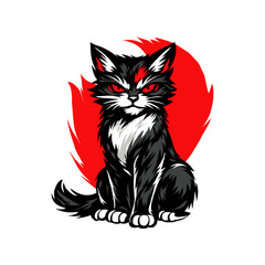 Obraz premium Angry Black Cat Sitting Mascot Character With Red Flame Brush Splash Background Vector Illustration