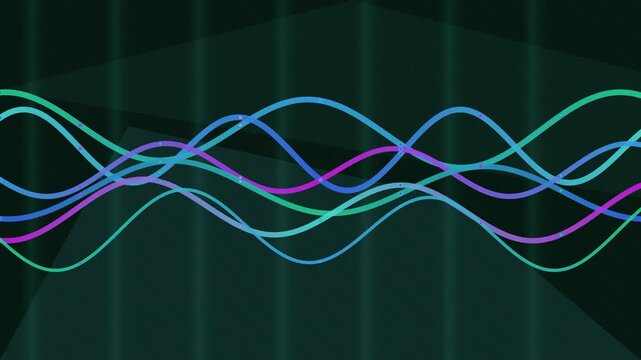 Dynamic neon waveforms pulse against a dark, textured background