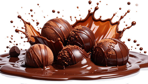 Gourmet dark and milk chocolate truffles and sweet praline candies isolated on a white background for a delicious dessert snack gift
