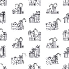 Obraz premium Hand drawn black charcoal pencil graphic presents boxes seamless pattern isolated on white background. Can be used for textile, fabric and other printed products