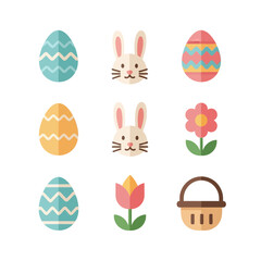 Easter eggs and bunnies with flowers in a basket illustration