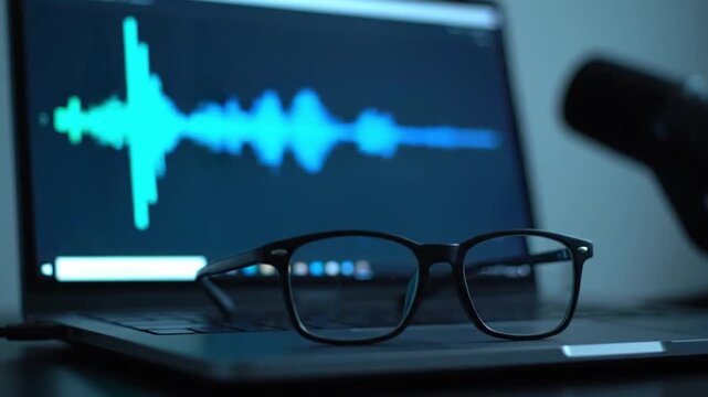 cinematic close view of a laptop screen showing moving audio waveform reflected in podcaster glasses modern remote interview setup cool blue teal tones digital atmosphere soft lighting shallow depth h
