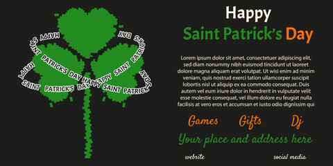 Saint Patrick's Day ads vector banner. Horizontal St Patrick banner with trendy Glitch effect trefoil clover and bold holiday message. EPS 10