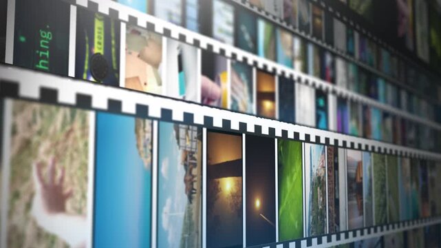 Cinematic filmstrip animation showcasing multiple travel, nature, and lifestyle photographs arranged in a dynamic reel, symbolizing visual storytelling, media archives, memory