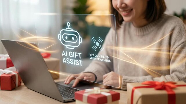 Smiling young woman uses machine learning shopping assistant, simplifying online gift selection, finding thoughtful gifts with convenient digital