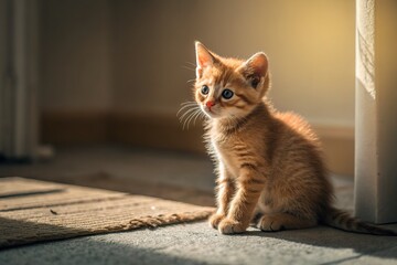 Obraz premium A playful ginger kitten sitting on a sunlit carpet, exploring its surroundings with curiosity