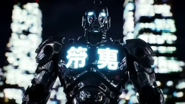 Futuristic robot figure against a blurred city background