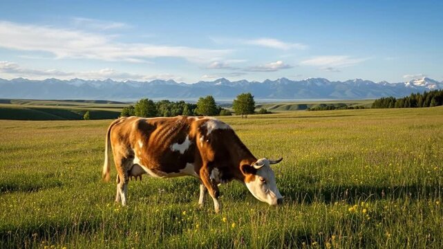 Brown and white cow grazing in a lush green meadow with mountains in the background.