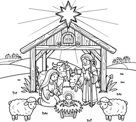 Colorful nativity scene with Mary, Joseph, baby Jesus, and animals