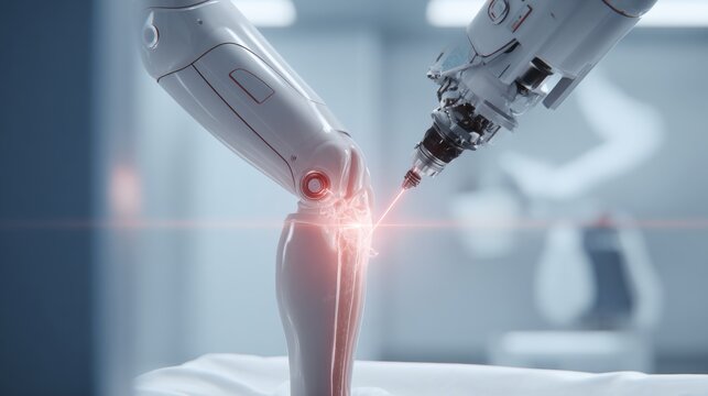 Advanced robotic technology demonstrating precision laser cutting on prosthetic limb