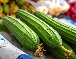 Obraz premium Close-up of vibrant green ridge gourds lined up at a market, featuring their textured skin and natural stems