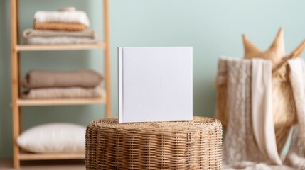 Square children's book mockup on wicker table in cozy room setting