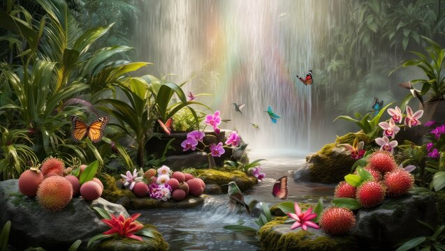 an idealized tropical rainforest with waterfall, orchids and wildlife