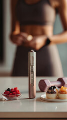 Weight loss injection pen and healthy lifestyle on kitchen counter