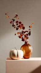 Autumn decor with glass vase and sculptural branch for elegant home design