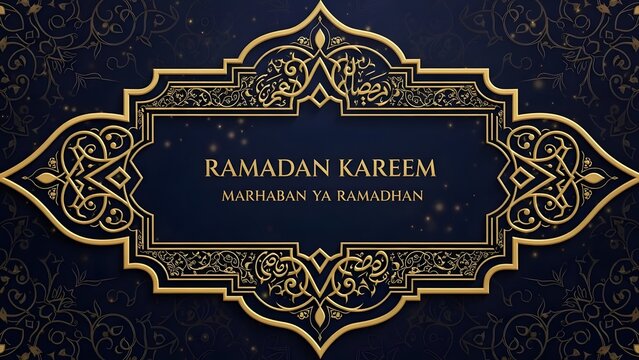 Elegant Islamic greeting card for Ramadan Kareem and Marhaban ya Ramadhan featuring gold floral ornaments, lanterns, and mosque silhouette on dark blue premium background.
