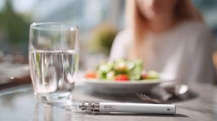 Weight loss injection pen on restaurant table for healthy lifestyle concept