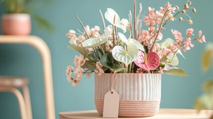 Elegant floral arrangement with gift tag for holiday gift presentation