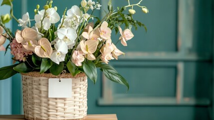 Floral arrangement with blank gift tag for elegant card design