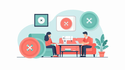 Two people at home, one sewing, one on laptop, surrounded by large buttons