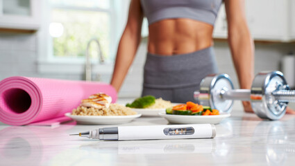 Healthy lifestyle enhanced by modern injection pen on marble counter