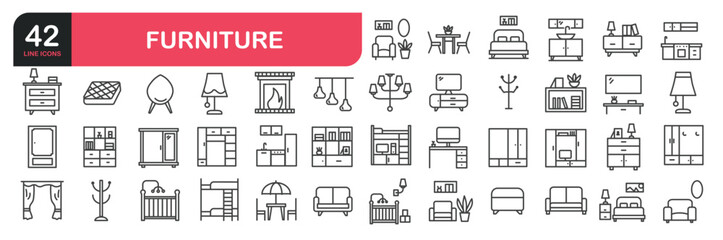 Set of line icons related to home interior and furniture. Outline icons collection. Editable stroke. Vector illustration