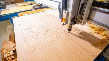 Cnc wood carving in workshop with flying chips for industrial design
