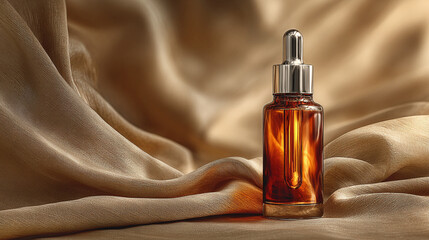 Bottle of serum. Glass bottle with dropper cap in the soft folds of silk fabric in sunlight
