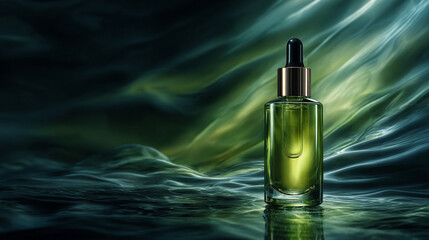 Green glass serum bottle with a dropper on a background of iridescent green textures. Unmarked container with cosmetics in close-up.
