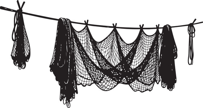 Fishing nets hanging on a line to dry slowly