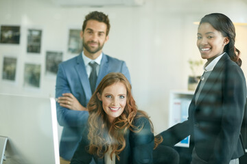 Obraz premium Business, team and portrait with computer in office for market research, policy renewal or about us. Insurance broker, tech and happy people at corporate firm for claims advocacy and collaboration