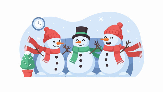 Three cheerful snowmen with winter accessories gather together, accompanied by a potted evergreen