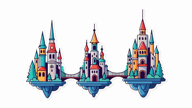 Three fantastical floating castles connected by bridges, set against a white background