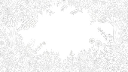 Obraz premium Whimsical floral border with birds and trees for coloring book